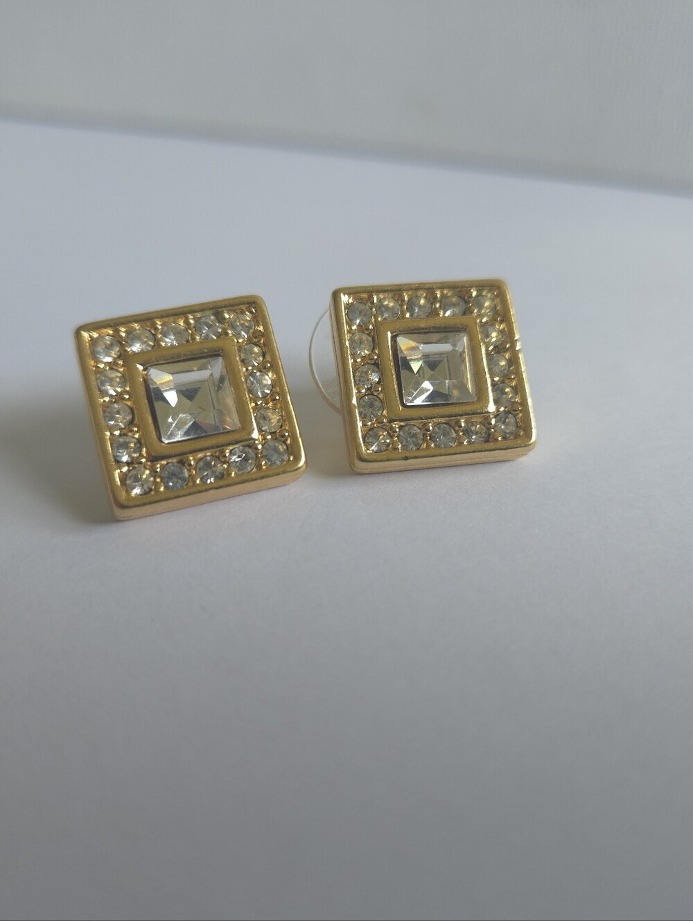 Vintage 1980s Gold Tone Square Rhinestone Stud Earrings Pave Crystal Frame